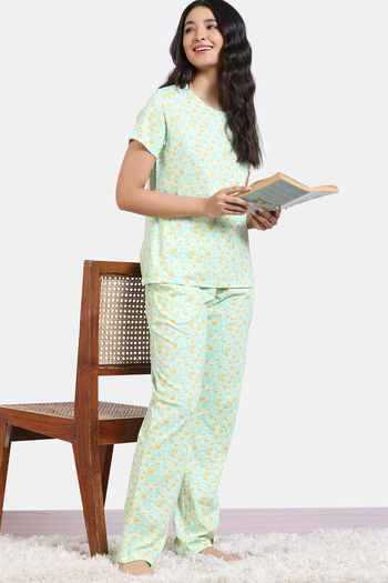 Buy Zivame Basics Knit Cotton Pyjama Set - Glass Green